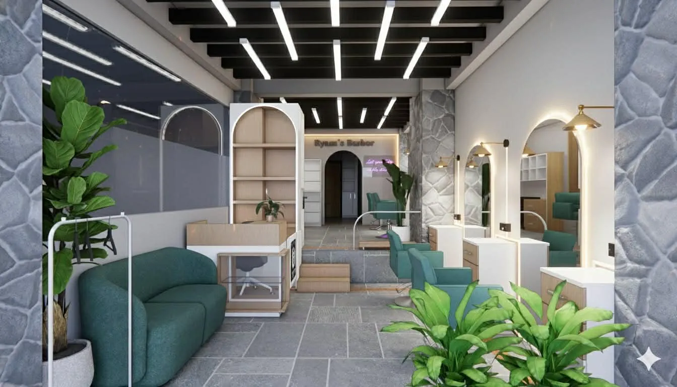 Modern interior render of the salon — green chairs, stone walls, brass sconces